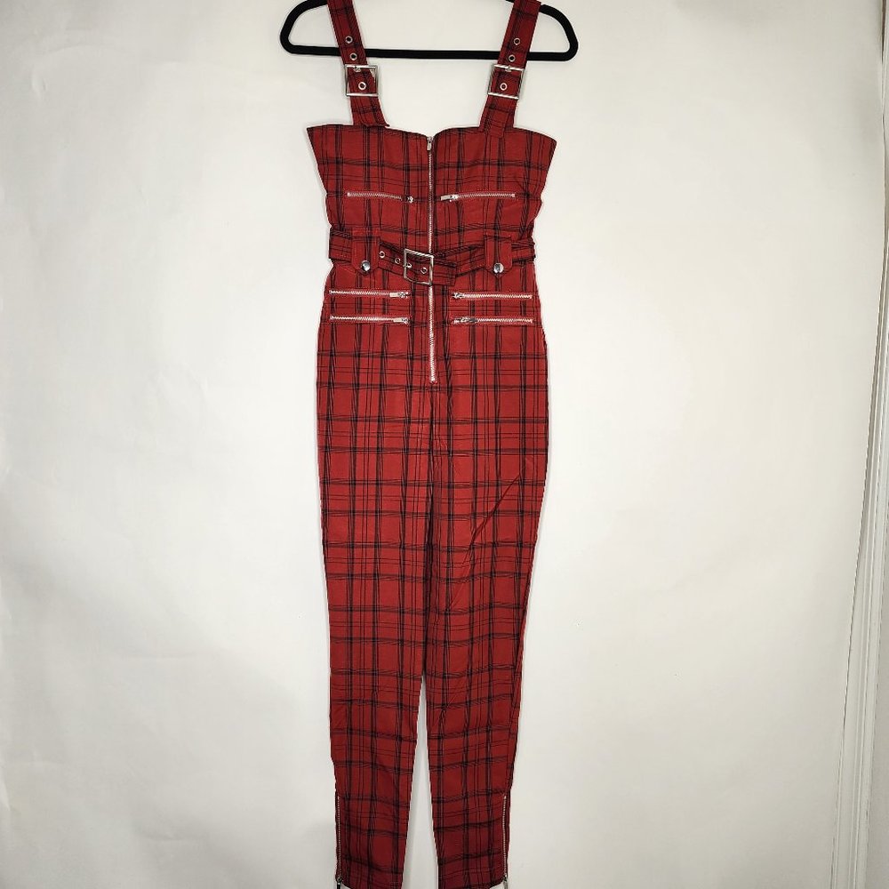 WeWoreWhat Y2K Plaid Moto Jumpsuit Overalls Stretch Buckle Adjustable Straps Red - Picture 2 of 9